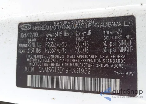 2009 Hyundai Santa Fe Gls from USA, damaged, VIN 5NMSG13D19H331952